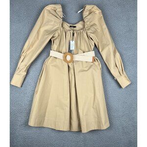 Moma Dress Women Belted Midi Puff Long Sleeve Size 4/6 Beige Flowy NWT